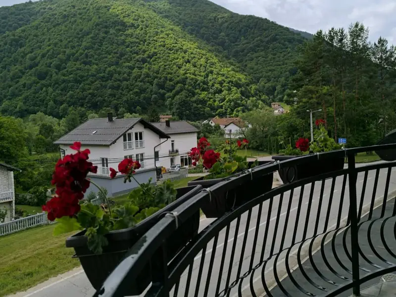 Pogled s balkona na zelena brda i kuće u Jezeru